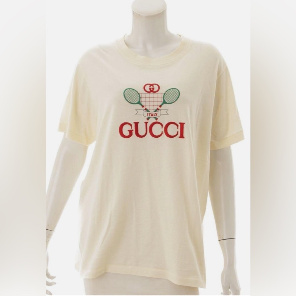 Gucci Cream Tee with Red Logo and Green Graphic